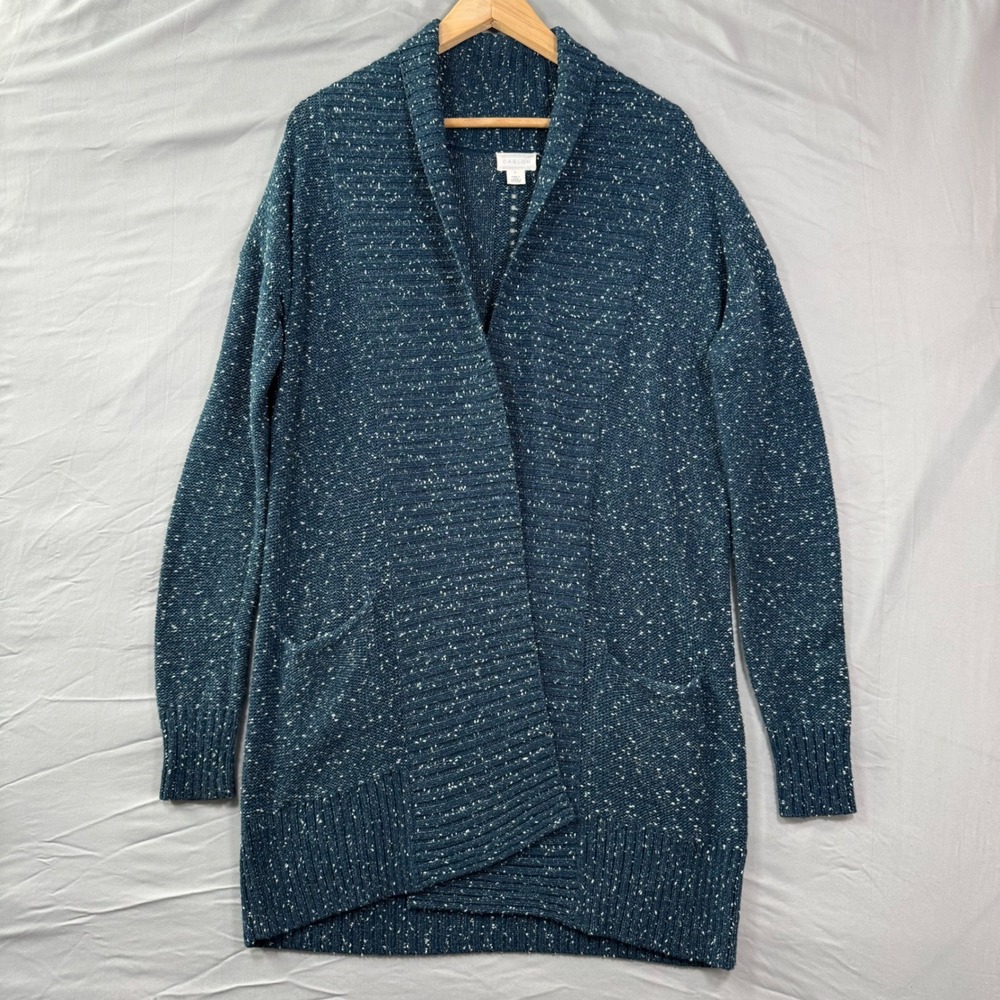 Caslon Womens Teal Blue Speckled Merino Wool Blend Open Front Cardigan Sweater S